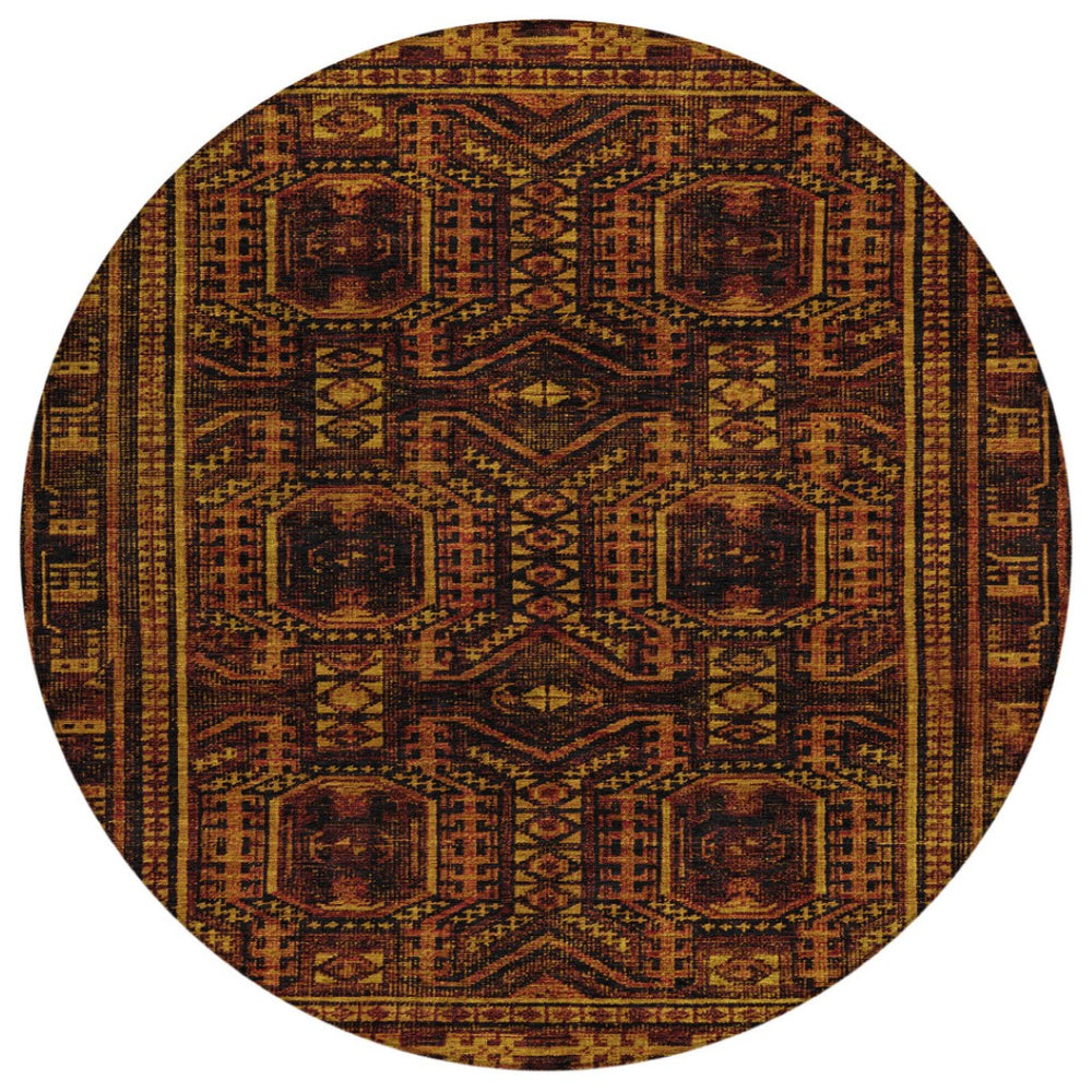 HomeRoots 8' Rust and Gold Round Geometric Area Rug – Stylish, Durable, Washable for Indoor and Outdoor Use! 625920