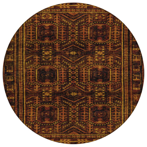 HomeRoots 8' Rust and Gold Round Geometric Area Rug – Stylish, Durable, Washable for Indoor and Outdoor Use! 625920