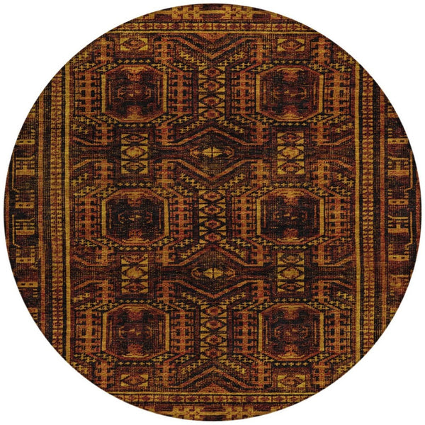 HomeRoots 8' Rust and Gold Round Geometric Area Rug – Stylish, Durable, Washable for Indoor and Outdoor Use! 625920