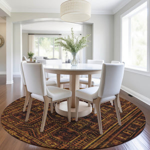HomeRoots 8' Rust and Gold Round Geometric Area Rug – Stylish, Durable, Washable for Indoor and Outdoor Use! 625920