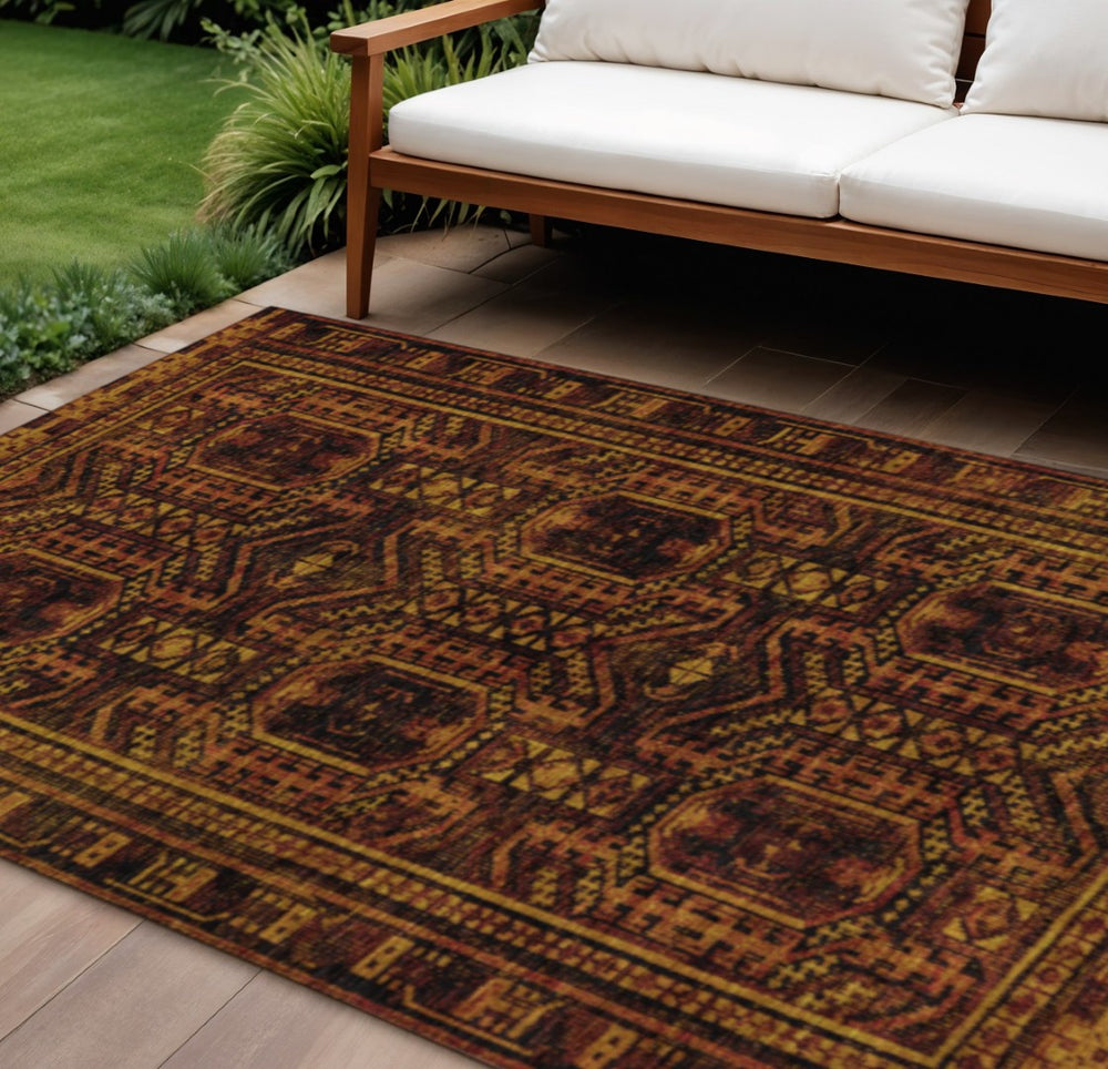 HomeRoots 8' X 10' Stylish Rust and Gold Geometric Area Rug – Washable, Durable for Indoor & Outdoor Use! 625921