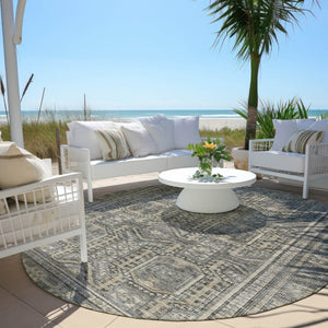 HomeRoots 8' Stylish Pewter and Beige Round Geometric Indoor Outdoor Area Rug - Durable, Washable, Versatile! 625926