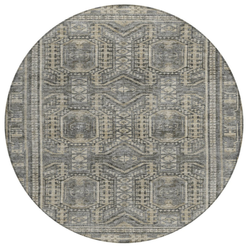 HomeRoots 8' Stylish Pewter and Beige Round Geometric Indoor Outdoor Area Rug - Durable, Washable, Versatile! 625926