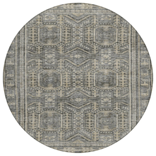 HomeRoots 8' Stylish Pewter and Beige Round Geometric Indoor Outdoor Area Rug - Durable, Washable, Versatile! 625926