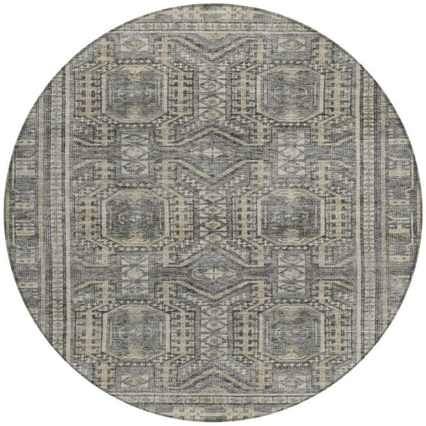 HomeRoots 8' Stylish Pewter and Beige Round Geometric Indoor Outdoor Area Rug - Durable, Washable, Versatile! 625926