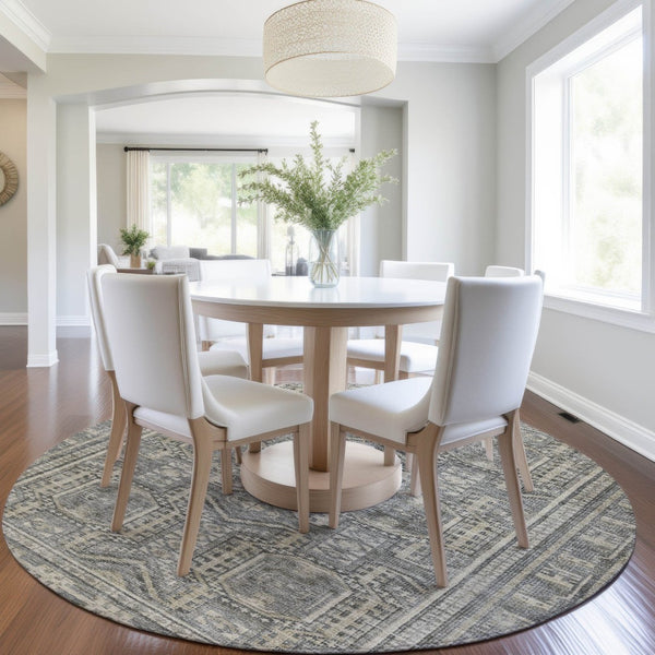 HomeRoots 8' Stylish Pewter and Beige Round Geometric Indoor Outdoor Area Rug - Durable, Washable, Versatile! 625926