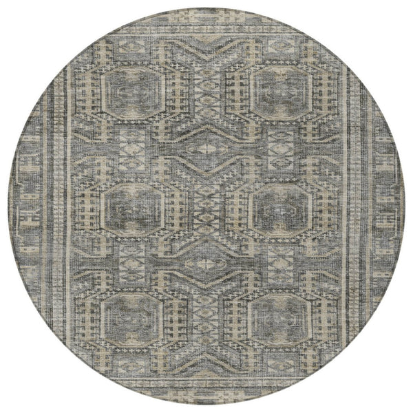 HomeRoots 8' Stylish Pewter and Beige Round Geometric Indoor Outdoor Area Rug - Durable, Washable, Versatile! 625926