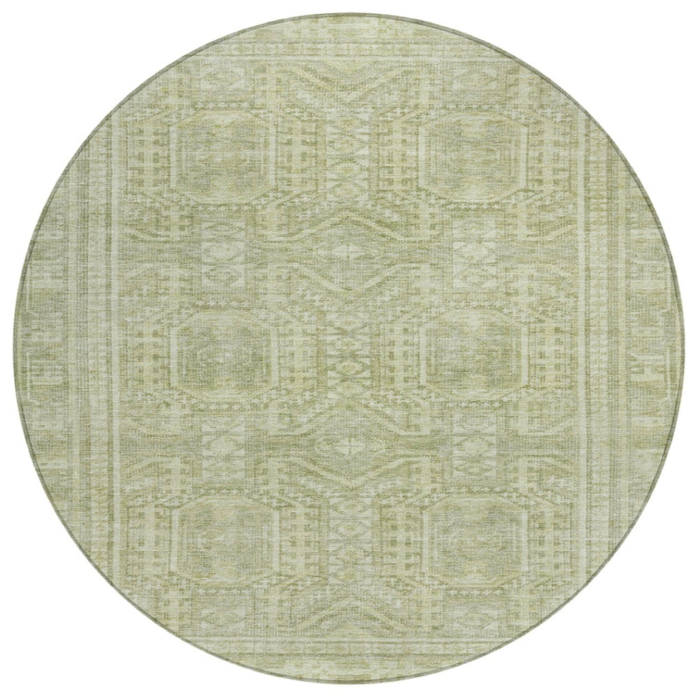 HomeRoots 8' Sage and Ivory Round Geometric Rug - Washable, Stain-Resistant, Versatile for Indoor & Outdoor Use 625932