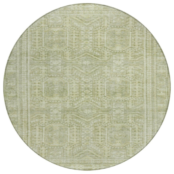 HomeRoots 8' Sage and Ivory Round Geometric Rug - Washable, Stain-Resistant, Versatile for Indoor & Outdoor Use 625932