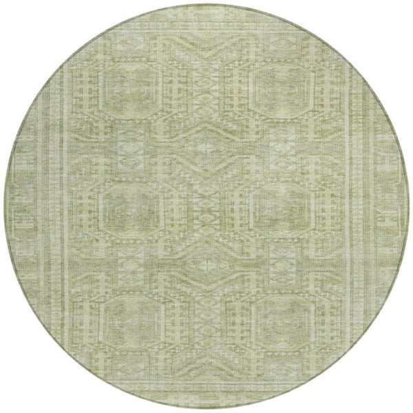 HomeRoots 8' Sage and Ivory Round Geometric Rug - Washable, Stain-Resistant, Versatile for Indoor & Outdoor Use 625932