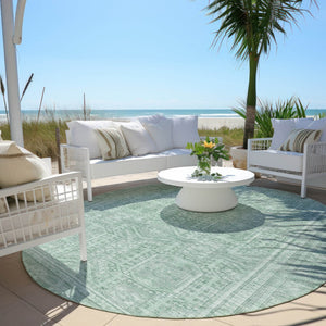 HomeRoots 8' Teal Blue & Aqua Round Geometric Area Rug – Durable, Washable, Perfect for Indoor/Outdoor Use! 625944