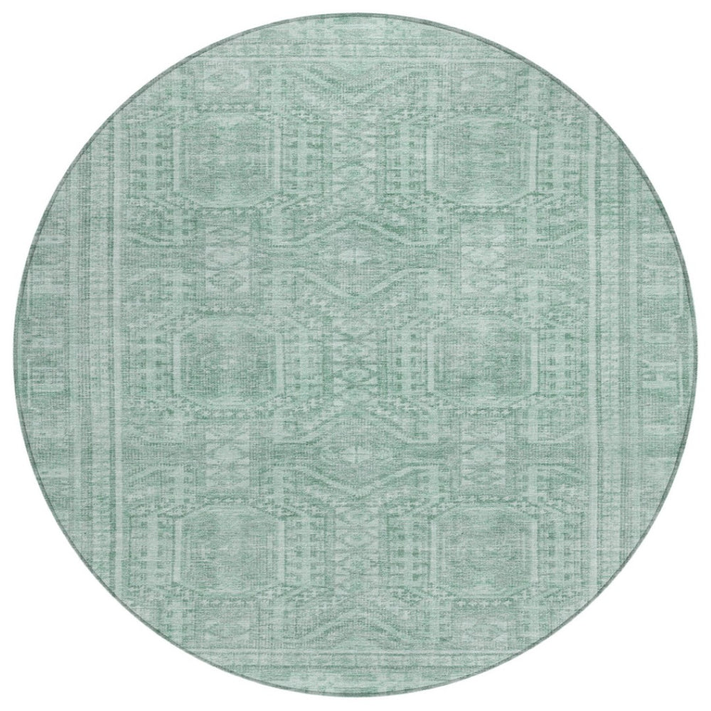 HomeRoots 8' Teal Blue & Aqua Round Geometric Area Rug – Durable, Washable, Perfect for Indoor/Outdoor Use! 625944