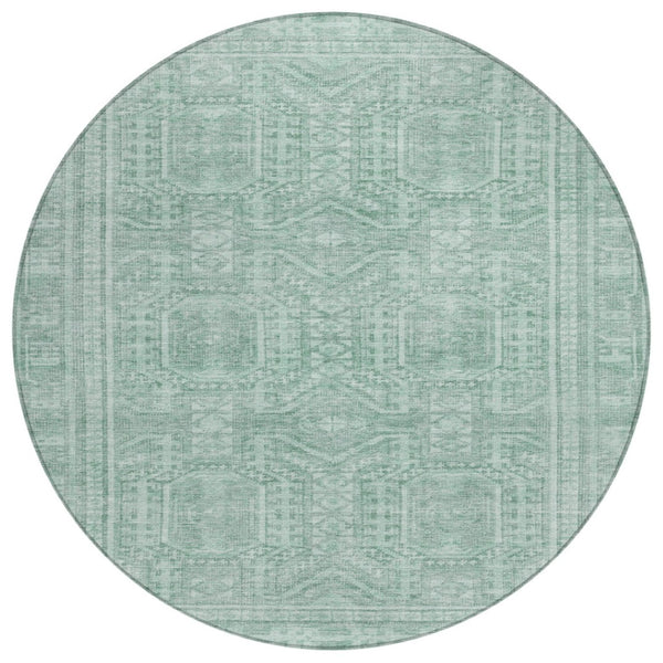 HomeRoots 8' Teal Blue & Aqua Round Geometric Area Rug – Durable, Washable, Perfect for Indoor/Outdoor Use! 625944