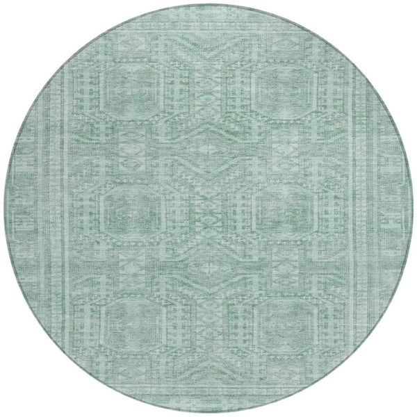 HomeRoots 8' Teal Blue & Aqua Round Geometric Area Rug – Durable, Washable, Perfect for Indoor/Outdoor Use! 625944