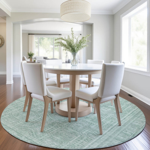 HomeRoots 8' Teal Blue & Aqua Round Geometric Area Rug – Durable, Washable, Perfect for Indoor/Outdoor Use! 625944