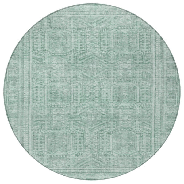 HomeRoots 8' Teal Blue & Aqua Round Geometric Area Rug – Durable, Washable, Perfect for Indoor/Outdoor Use! 625944