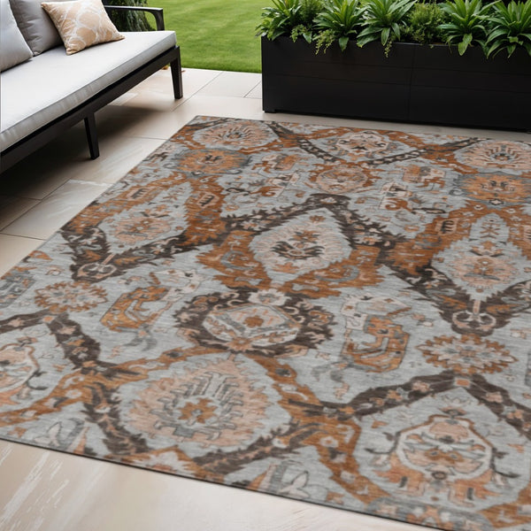 HomeRoots 5' X 8' Damask Area Rug in Rust and Gray - Stylish, Washable, Durable for Indoor & Outdoor Use 625973