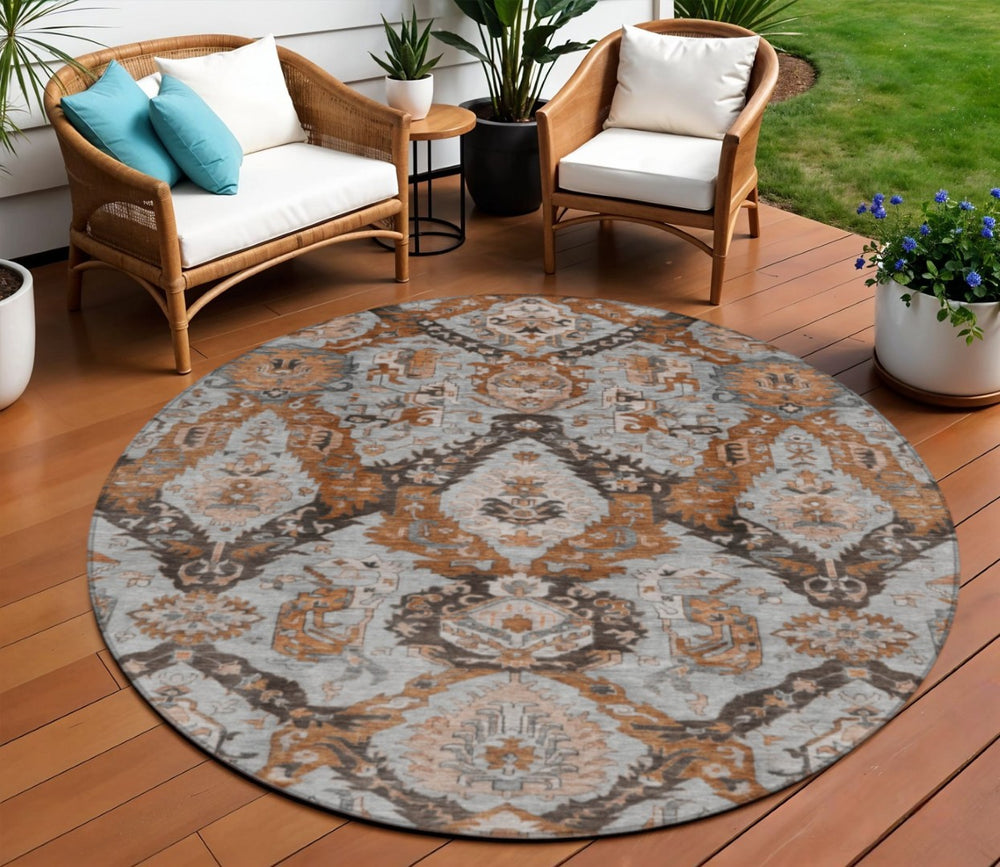 HomeRoots 8' Elegant Rust and Gray Damask Round Rug - Durable, Washable, Perfect for Indoor & Outdoor Spaces 625974
