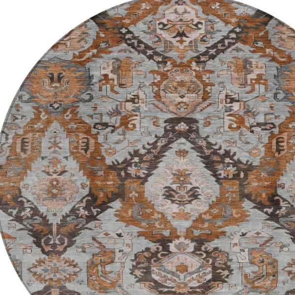 HomeRoots 8' Elegant Rust and Gray Damask Round Rug - Durable, Washable, Perfect for Indoor & Outdoor Spaces 625974