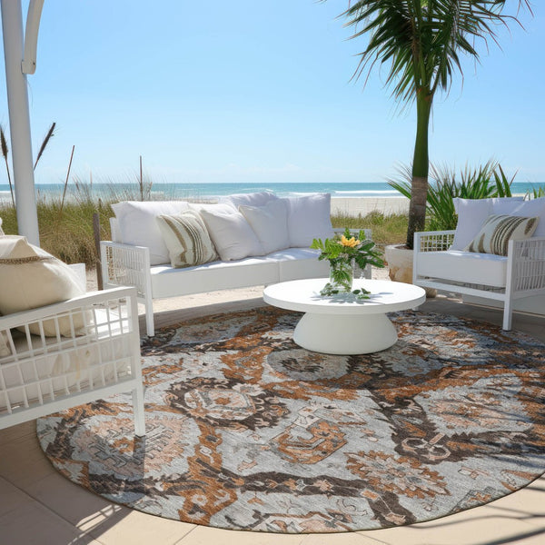 HomeRoots 8' Elegant Rust and Gray Damask Round Rug - Durable, Washable, Perfect for Indoor & Outdoor Spaces 625974