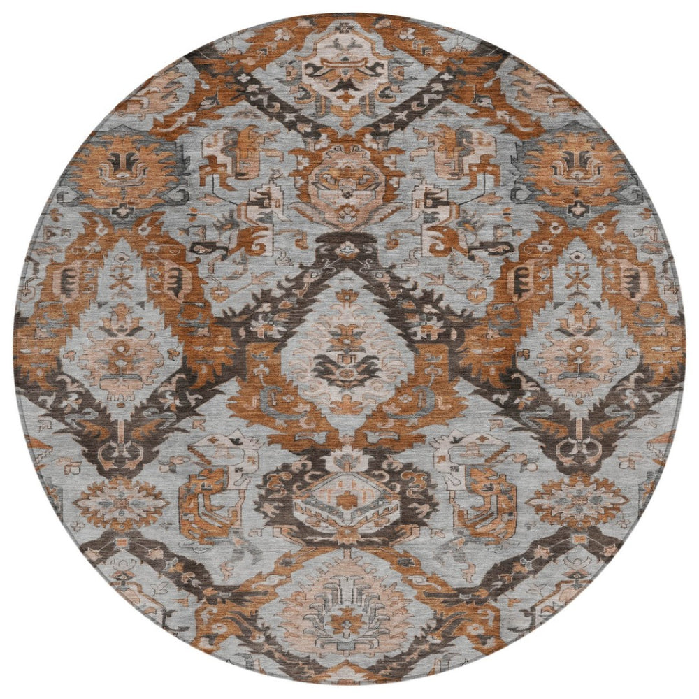 HomeRoots 8' Elegant Rust and Gray Damask Round Rug - Durable, Washable, Perfect for Indoor & Outdoor Spaces 625974