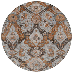 HomeRoots 8' Elegant Rust and Gray Damask Round Rug - Durable, Washable, Perfect for Indoor & Outdoor Spaces 625974