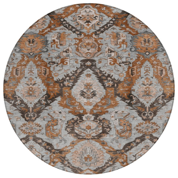 HomeRoots 8' Elegant Rust and Gray Damask Round Rug - Durable, Washable, Perfect for Indoor & Outdoor Spaces 625974