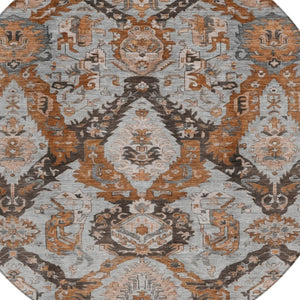 HomeRoots 8' Elegant Rust and Gray Damask Round Rug - Durable, Washable, Perfect for Indoor & Outdoor Spaces 625974