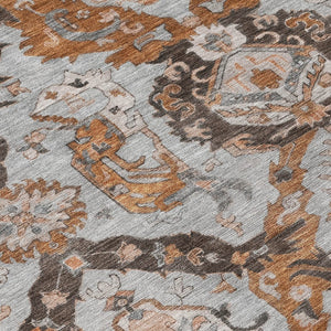 HomeRoots 8' Elegant Rust and Gray Damask Round Rug - Durable, Washable, Perfect for Indoor & Outdoor Spaces 625974
