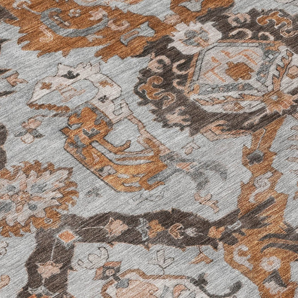 HomeRoots 8' Elegant Rust and Gray Damask Round Rug - Durable, Washable, Perfect for Indoor & Outdoor Spaces 625974
