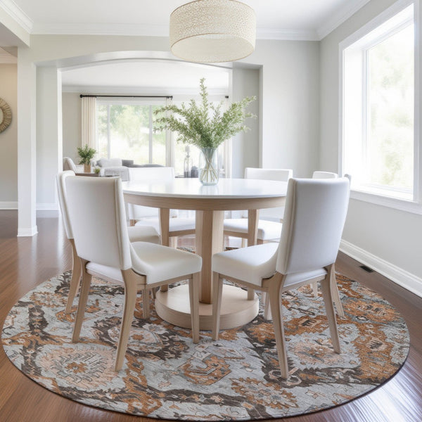 HomeRoots 8' Elegant Rust and Gray Damask Round Rug - Durable, Washable, Perfect for Indoor & Outdoor Spaces 625974