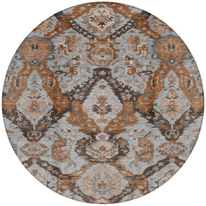 HomeRoots 8' Elegant Rust and Gray Damask Round Rug - Durable, Washable, Perfect for Indoor & Outdoor Spaces 625974