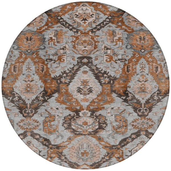 HomeRoots 8' Elegant Rust and Gray Damask Round Rug - Durable, Washable, Perfect for Indoor & Outdoor Spaces 625974