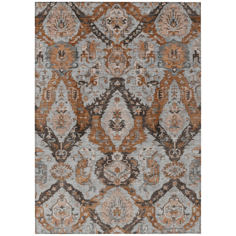 HomeRoots 8' X 10' Elegant Rust and Gray Damask Indoor Outdoor Area Rug – Washable, Stain-Resistant, Durable Design 625975