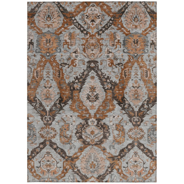 HomeRoots 9' X 12' Elegant Rust and Gray Damask Indoor-Outdoor Area Rug - Durable, Washable, Versatile Style! 625976