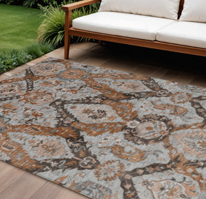HomeRoots 9' X 12' Elegant Rust and Gray Damask Indoor-Outdoor Area Rug - Durable, Washable, Versatile Style! 625976