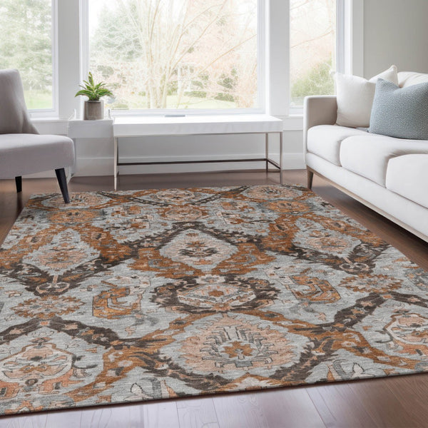 HomeRoots 9' X 12' Elegant Rust and Gray Damask Indoor-Outdoor Area Rug - Durable, Washable, Versatile Style! 625976