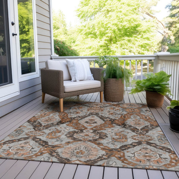 HomeRoots 9' X 12' Elegant Rust and Gray Damask Indoor-Outdoor Area Rug - Durable, Washable, Versatile Style! 625976