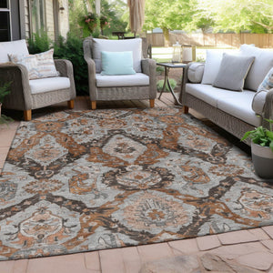 HomeRoots 10' X 14' Elegant Rust and Gray Damask Area Rug - Washable, Durable, Indoor/Outdoor Use, Pet-Friendly 625977