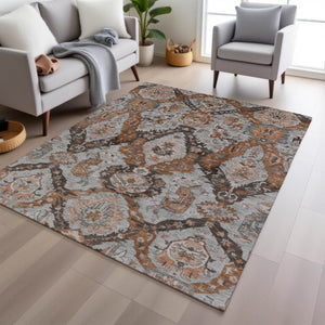HomeRoots 10' X 14' Elegant Rust and Gray Damask Area Rug - Washable, Durable, Indoor/Outdoor Use, Pet-Friendly 625977