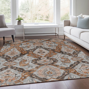 HomeRoots 10' X 14' Elegant Rust and Gray Damask Area Rug - Washable, Durable, Indoor/Outdoor Use, Pet-Friendly 625977