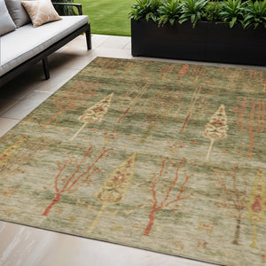 HomeRoots 5' X 8' Artichoke Green & Rust Floral Area Rug - Durable, Washable, Indoor/Outdoor, Stain-Resistant! 625979