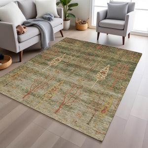 HomeRoots 5' X 8' Artichoke Green & Rust Floral Area Rug - Durable, Washable, Indoor/Outdoor, Stain-Resistant! 625979