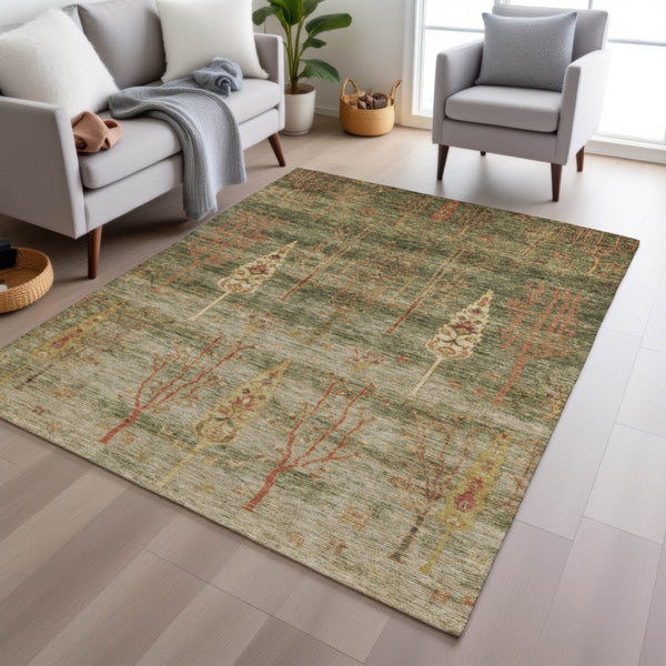 HomeRoots 5' X 8' Artichoke Green & Rust Floral Area Rug - Durable, Washable, Indoor/Outdoor, Stain-Resistant! 625979