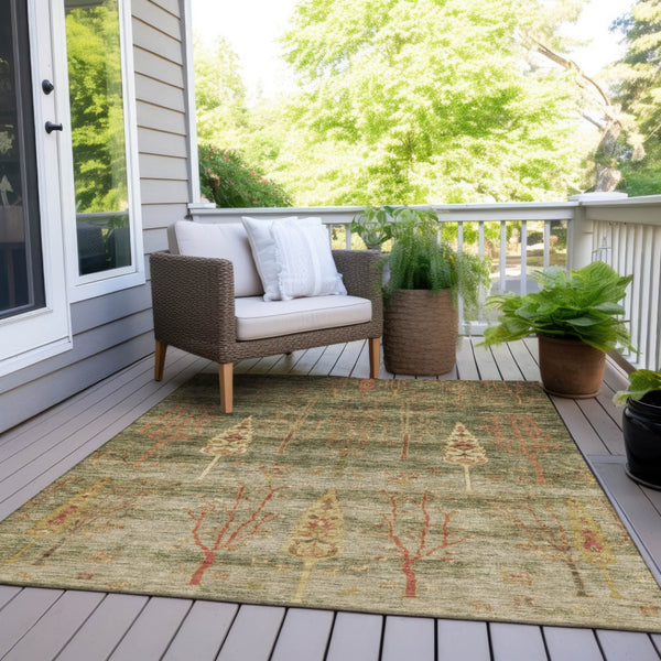 HomeRoots 5' X 8' Artichoke Green & Rust Floral Area Rug - Durable, Washable, Indoor/Outdoor, Stain-Resistant! 625979