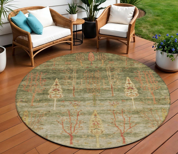 HomeRoots 8' Floral Round Area Rug in Artichoke Green & Rust - Durable, Washable for Indoor & Outdoor Use! 625980