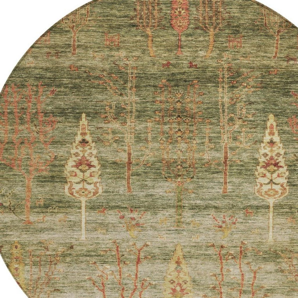 HomeRoots 8' Floral Round Area Rug in Artichoke Green & Rust - Durable, Washable for Indoor & Outdoor Use! 625980