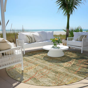 HomeRoots 8' Floral Round Area Rug in Artichoke Green & Rust - Durable, Washable for Indoor & Outdoor Use! 625980