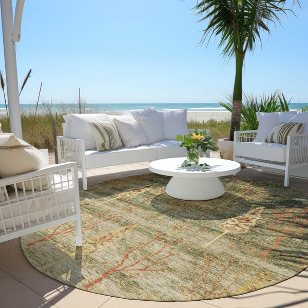 HomeRoots 8' Floral Round Area Rug in Artichoke Green & Rust - Durable, Washable for Indoor & Outdoor Use! 625980