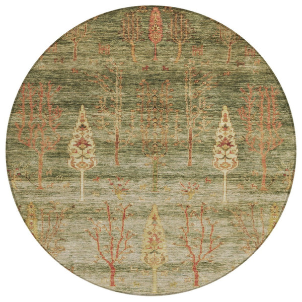 HomeRoots 8' Floral Round Area Rug in Artichoke Green & Rust - Durable, Washable for Indoor & Outdoor Use! 625980